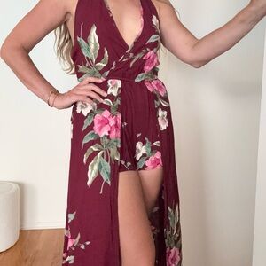 Floral Burgundy Maxi Dress with Slit